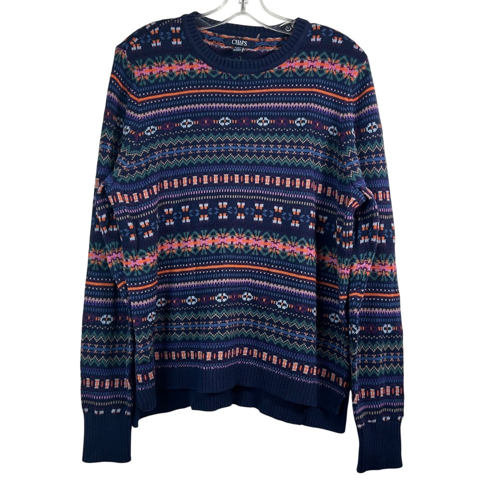 Chaps Denim Womens XL Fair‎ Isle Sweater Blue Multi Cotton Blend Crewneck